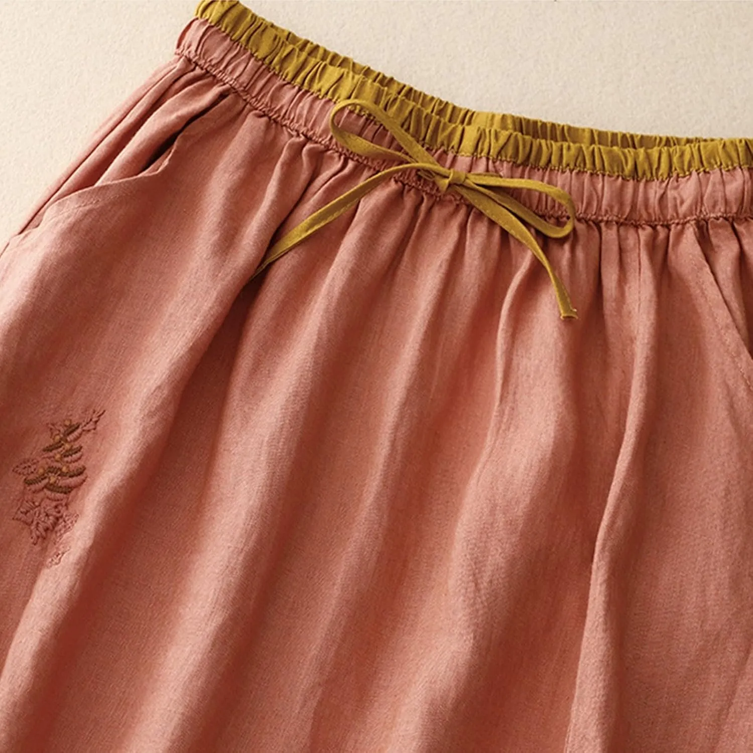 DDAPJ pyju Long Skirts for Women Bohemian Summer Cotton Linen Embroidery Skirts Drawstring Casual Beach Skirts with Pockets