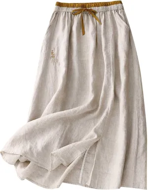 DDAPJ pyju Long Skirts for Women Bohemian Summer Cotton Linen Embroidery Skirts Drawstring Casual Beach Skirts with Pockets