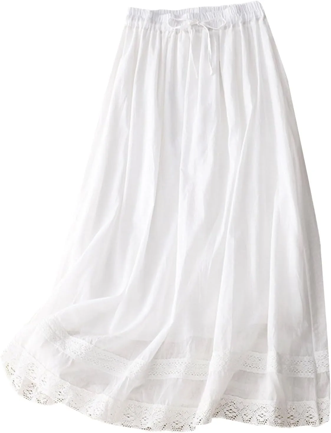 DDAPJ pyju Long Skirts for Women Bohemian Summer Cotton Linen Embroidery Skirts Drawstring Casual Beach Skirts with Pockets