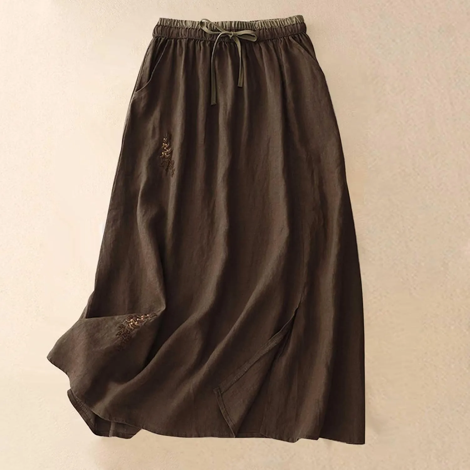 DDAPJ pyju Long Skirts for Women Bohemian Summer Cotton Linen Embroidery Skirts Drawstring Casual Beach Skirts with Pockets