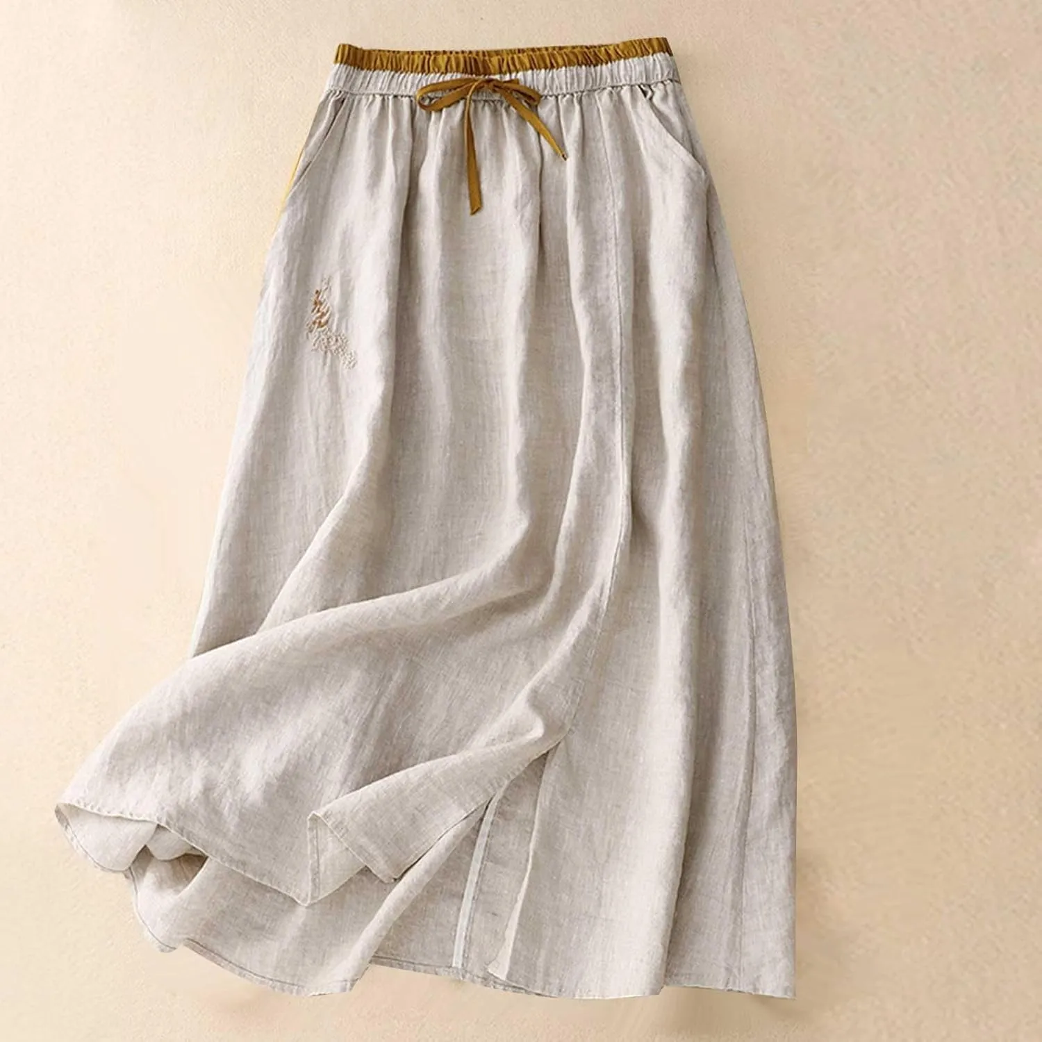 DDAPJ pyju Long Skirts for Women Bohemian Summer Cotton Linen Embroidery Skirts Drawstring Casual Beach Skirts with Pockets
