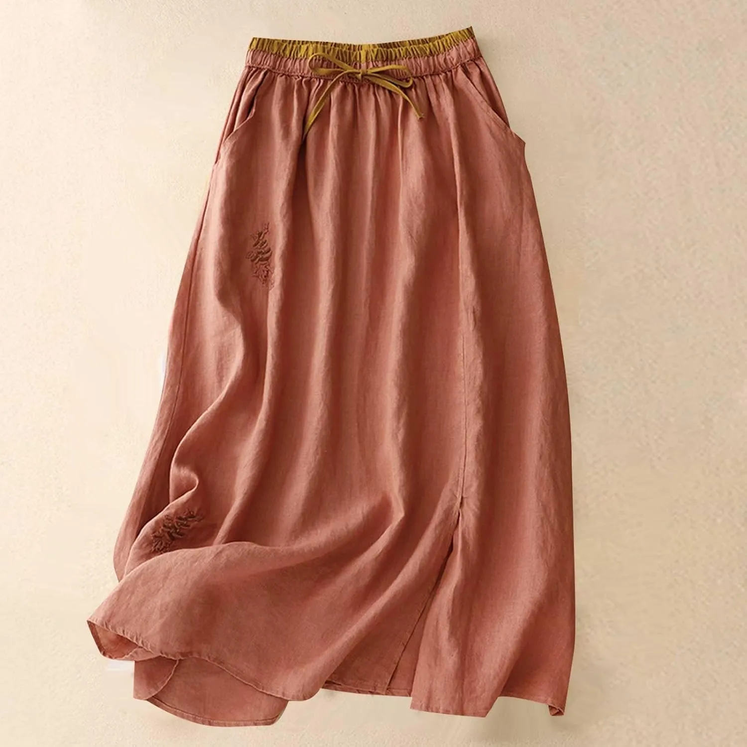 DDAPJ pyju Long Skirts for Women Bohemian Summer Cotton Linen Embroidery Skirts Drawstring Casual Beach Skirts with Pockets