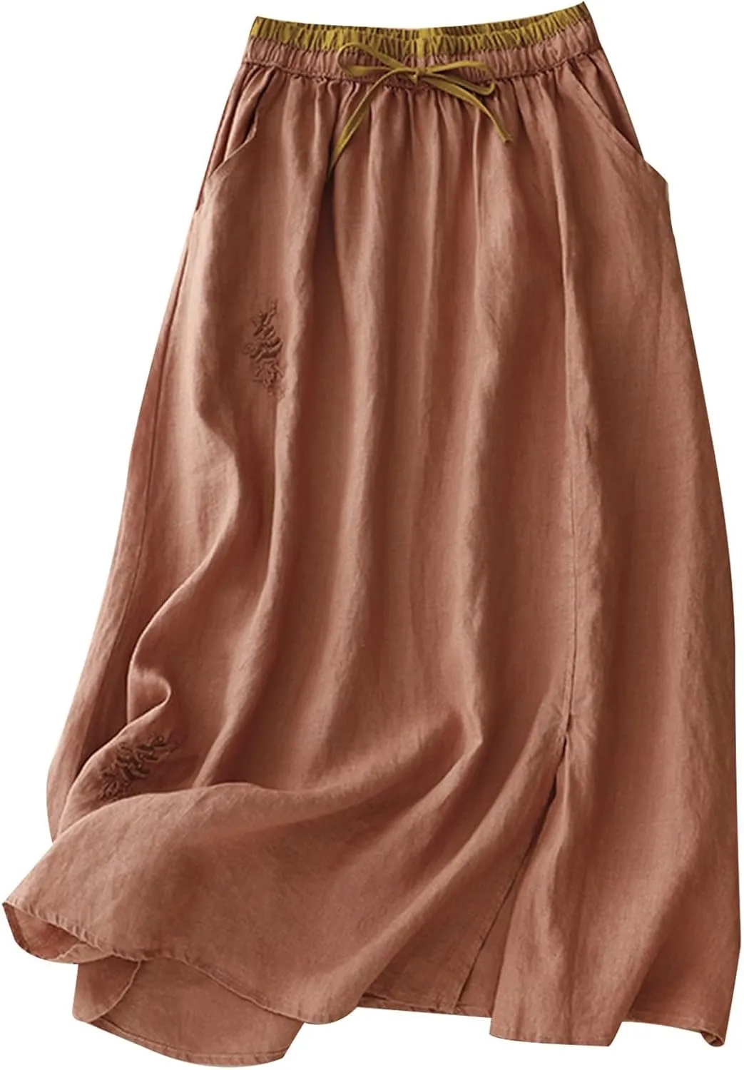 DDAPJ pyju Long Skirts for Women Bohemian Summer Cotton Linen Embroidery Skirts Drawstring Casual Beach Skirts with Pockets