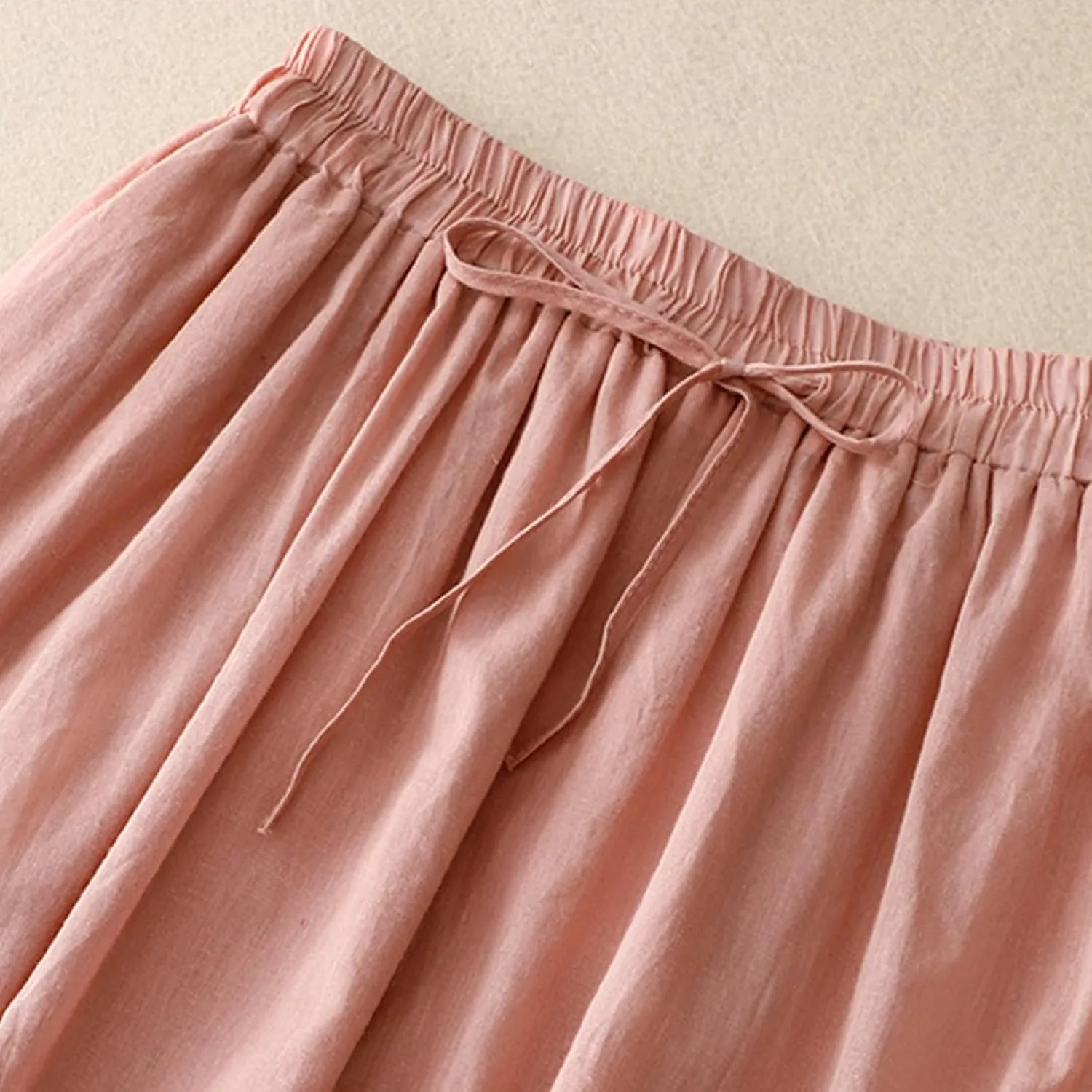 DDAPJ pyju Long Skirts for Women Bohemian Summer Cotton Linen Embroidery Skirts Drawstring Casual Beach Skirts with Pockets