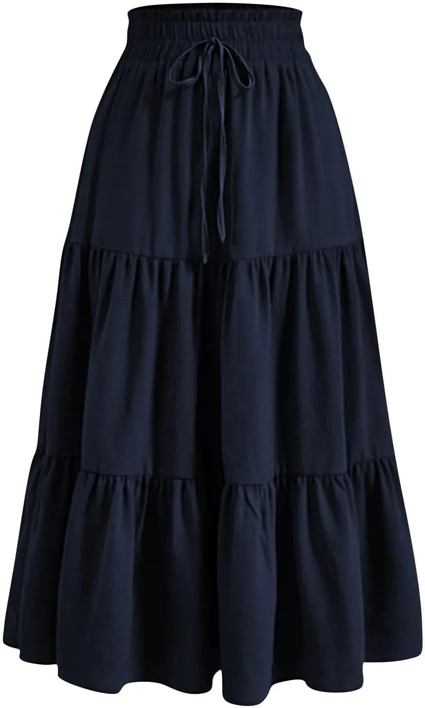 DDAPJ pyju Maxi Skirts for Women 2025 Summer High Waist A-Line Flowy Tiered Ruffle Long Skirt Loose Beach Skirt with Pockets