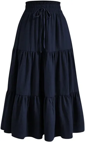 DDAPJ pyju Maxi Skirts for Women 2025 Summer High Waist A-Line Flowy Tiered Ruffle Long Skirt Loose Beach Skirt with Pockets