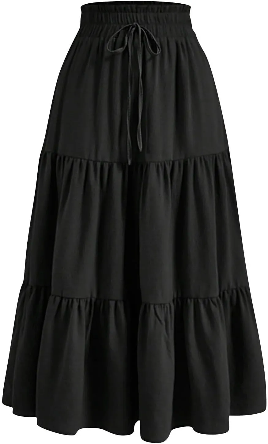 DDAPJ pyju Maxi Skirts for Women 2025 Summer High Waist A-Line Flowy Tiered Ruffle Long Skirt Loose Beach Skirt with Pockets
