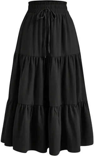 DDAPJ pyju Maxi Skirts for Women 2025 Summer High Waist A-Line Flowy Tiered Ruffle Long Skirt Loose Beach Skirt with Pockets