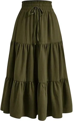 DDAPJ pyju Maxi Skirts for Women 2025 Summer High Waist A-Line Flowy Tiered Ruffle Long Skirt Loose Beach Skirt with Pockets