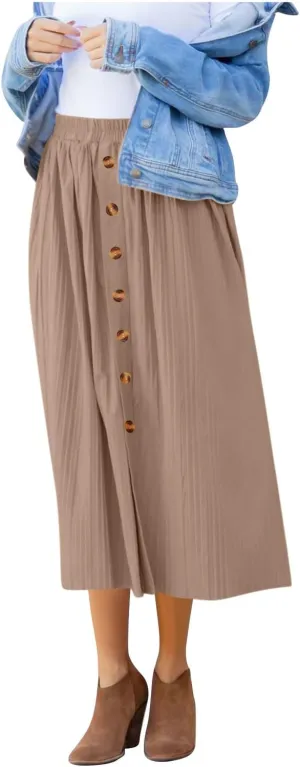 DDAPJ pyju Women's Elastic High Waist Pleated Skirt Button Down Decoration A Line Skirts Solid Color Loose Casual Maxi Skirt
