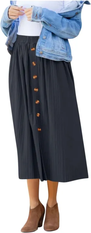 DDAPJ pyju Women's Elastic High Waist Pleated Skirt Button Down Decoration A Line Skirts Solid Color Loose Casual Maxi Skirt