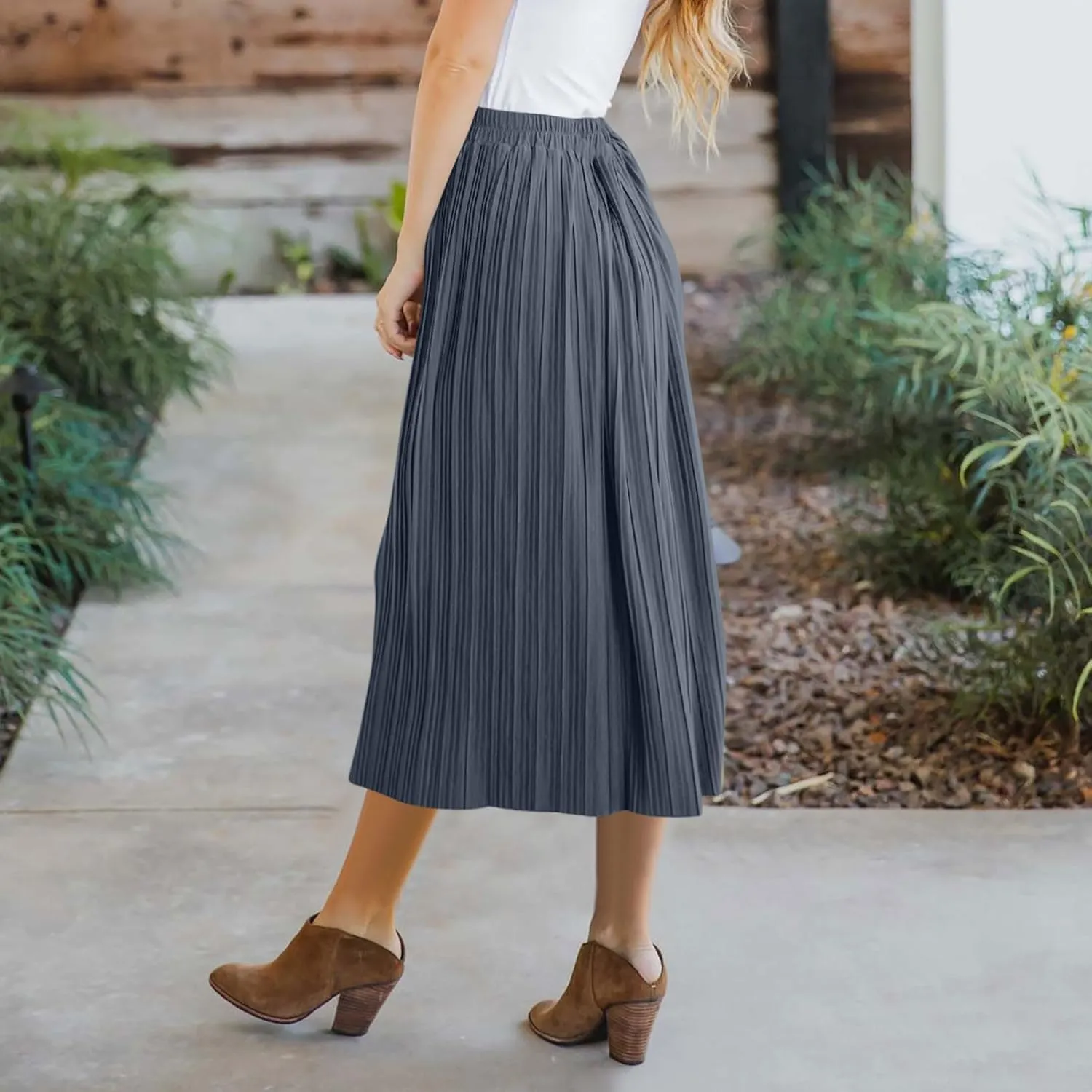 DDAPJ pyju Women's Elastic High Waist Pleated Skirt Button Down Decoration A Line Skirts Solid Color Loose Casual Maxi Skirt