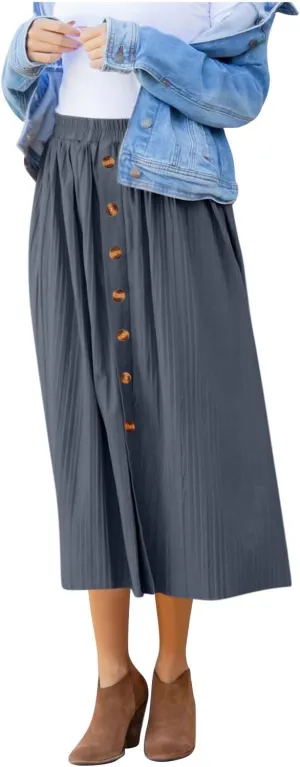 DDAPJ pyju Women's Elastic High Waist Pleated Skirt Button Down Decoration A Line Skirts Solid Color Loose Casual Maxi Skirt
