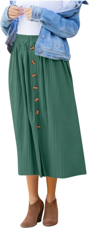 DDAPJ pyju Women's Elastic High Waist Pleated Skirt Button Down Decoration A Line Skirts Solid Color Loose Casual Maxi Skirt