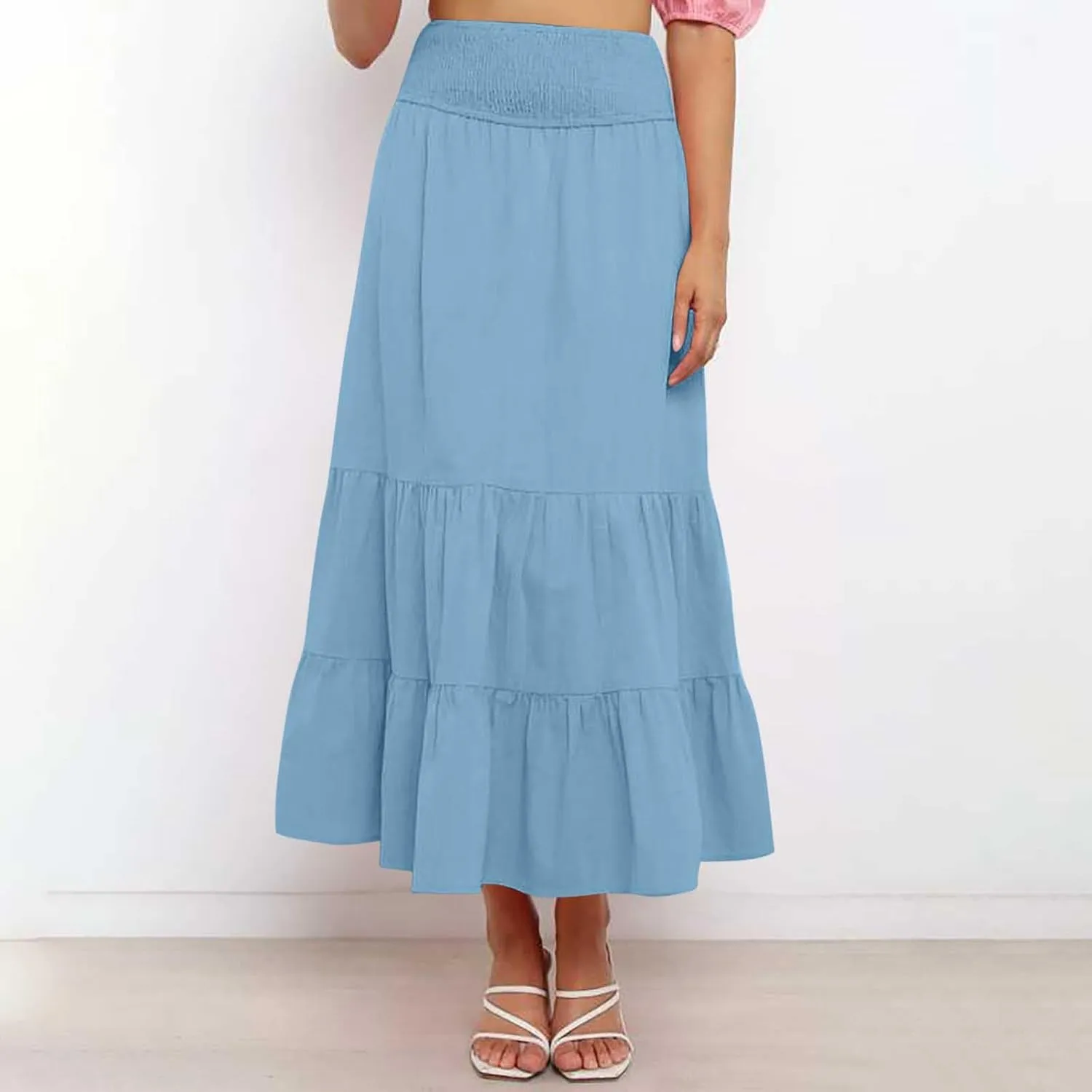 DDAPJ pyju Women's Summer Boho Flowy Tiered A-Line Maxi Skirt 2025 Fashion Smocked Elastic Waist Pleated Long Beach Dress