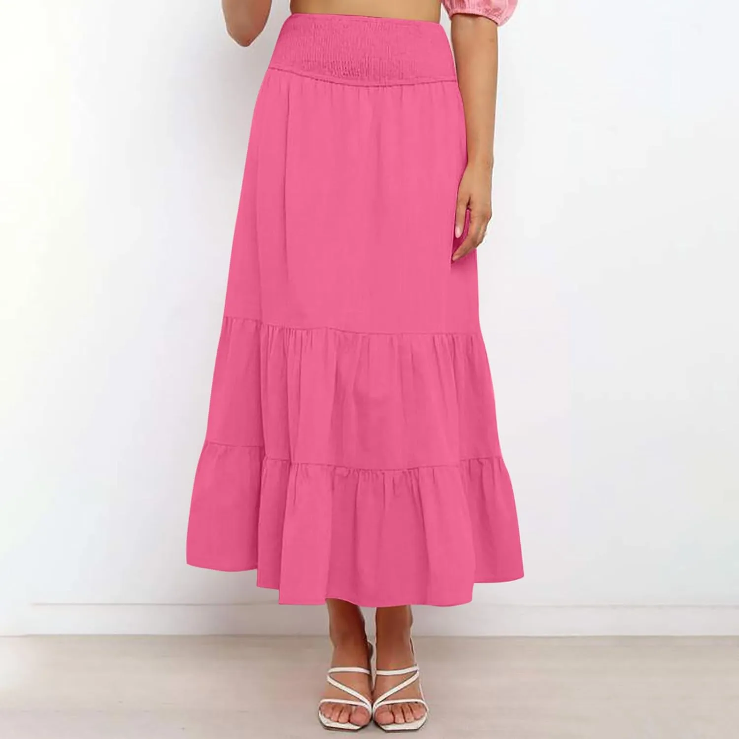 DDAPJ pyju Women's Summer Boho Flowy Tiered A-Line Maxi Skirt 2025 Fashion Smocked Elastic Waist Pleated Long Beach Dress