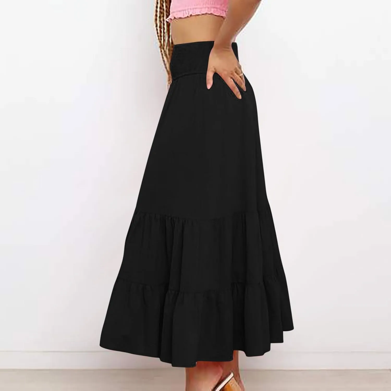 DDAPJ pyju Women's Summer Boho Flowy Tiered A-Line Maxi Skirt 2025 Fashion Smocked Elastic Waist Pleated Long Beach Dress