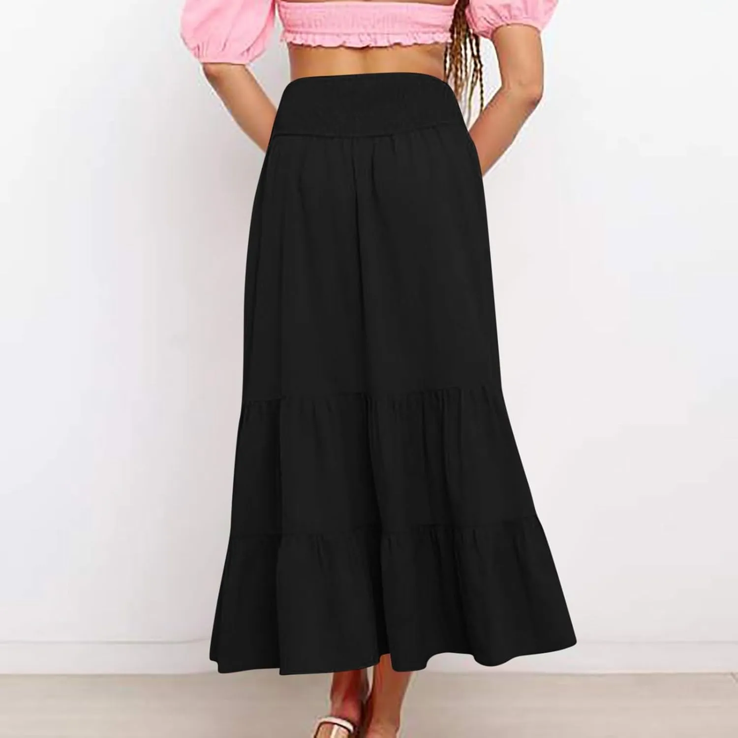 DDAPJ pyju Women's Summer Boho Flowy Tiered A-Line Maxi Skirt 2025 Fashion Smocked Elastic Waist Pleated Long Beach Dress