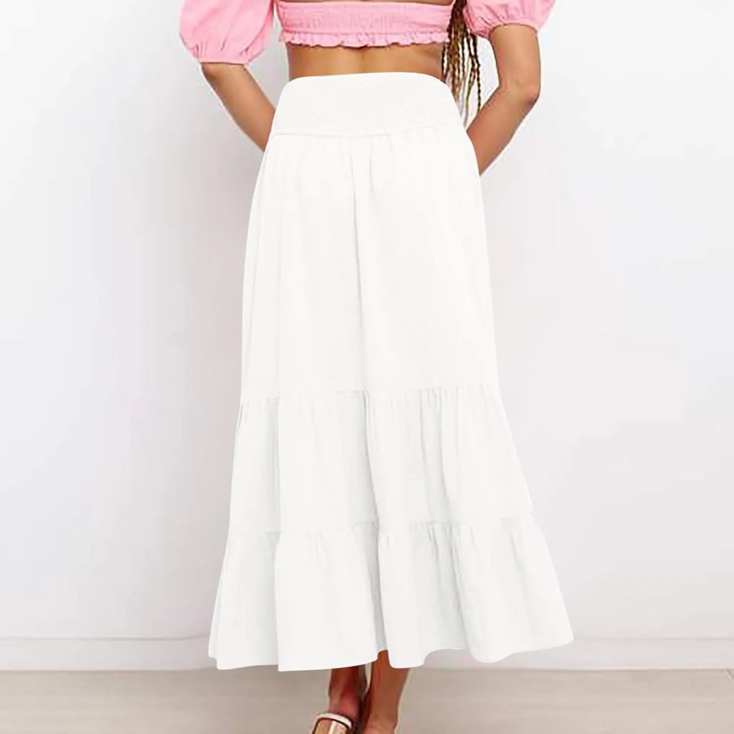 DDAPJ pyju Women's Summer Boho Flowy Tiered A-Line Maxi Skirt 2025 Fashion Smocked Elastic Waist Pleated Long Beach Dress