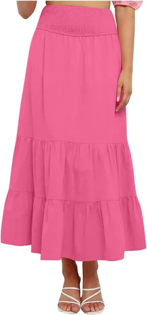 DDAPJ pyju Women's Summer Boho Flowy Tiered A-Line Maxi Skirt 2025 Fashion Smocked Elastic Waist Pleated Long Beach Dress