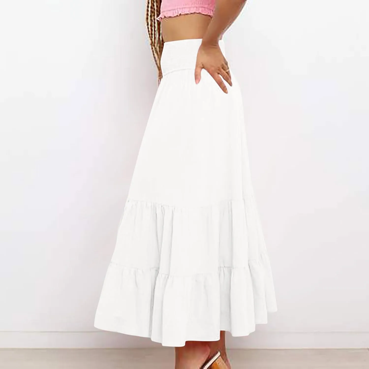 DDAPJ pyju Women's Summer Boho Flowy Tiered A-Line Maxi Skirt 2025 Fashion Smocked Elastic Waist Pleated Long Beach Dress