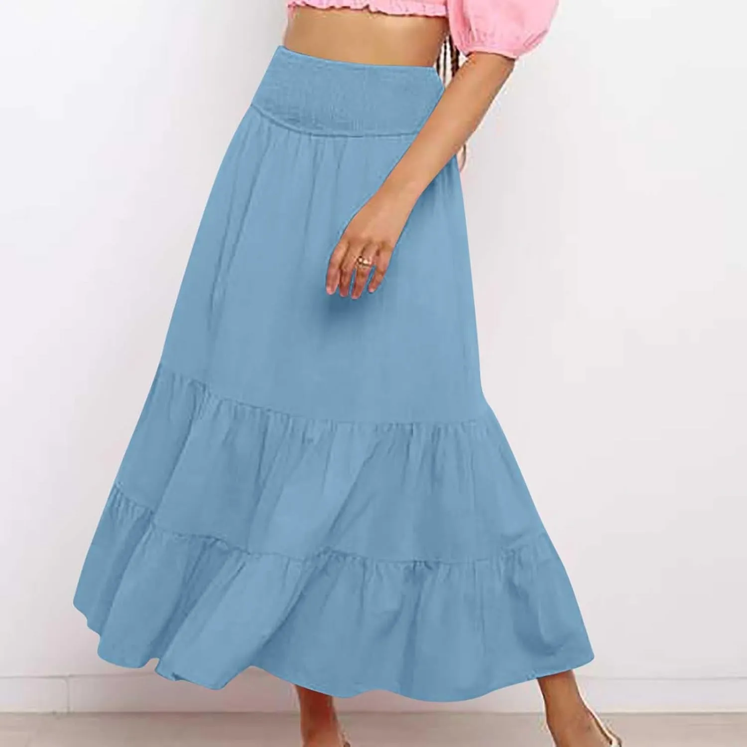 DDAPJ pyju Women's Summer Boho Flowy Tiered A-Line Maxi Skirt 2025 Fashion Smocked Elastic Waist Pleated Long Beach Dress