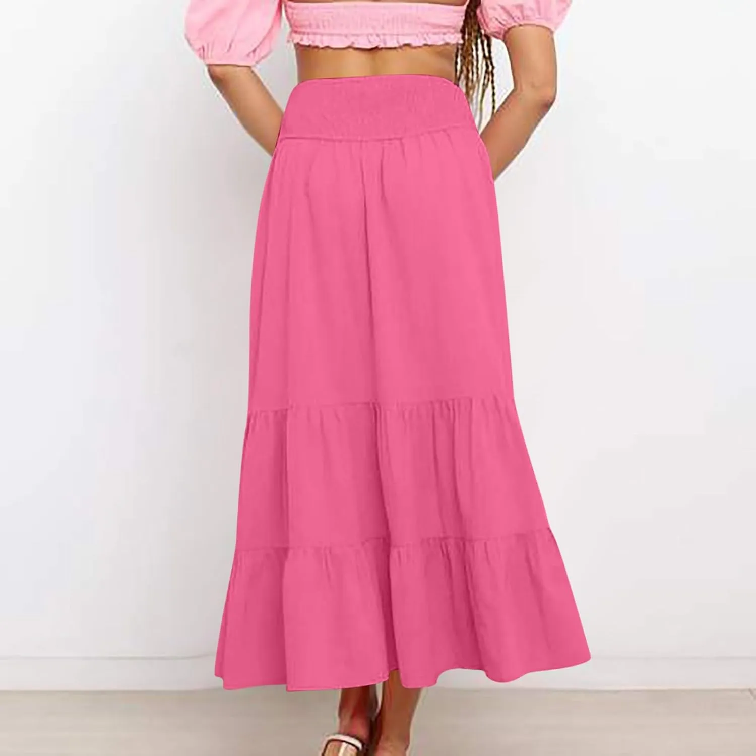 DDAPJ pyju Women's Summer Boho Flowy Tiered A-Line Maxi Skirt 2025 Fashion Smocked Elastic Waist Pleated Long Beach Dress