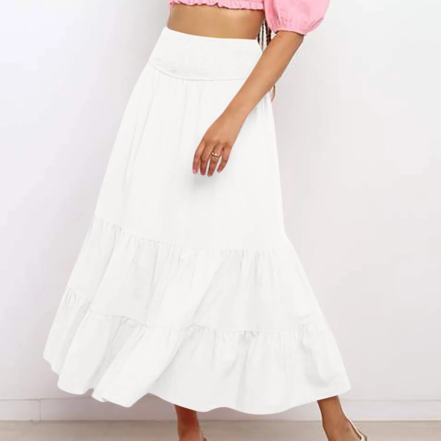 DDAPJ pyju Women's Summer Boho Flowy Tiered A-Line Maxi Skirt 2025 Fashion Smocked Elastic Waist Pleated Long Beach Dress