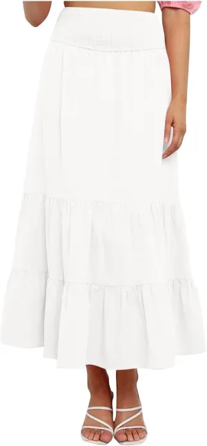DDAPJ pyju Women's Summer Boho Flowy Tiered A-Line Maxi Skirt 2025 Fashion Smocked Elastic Waist Pleated Long Beach Dress