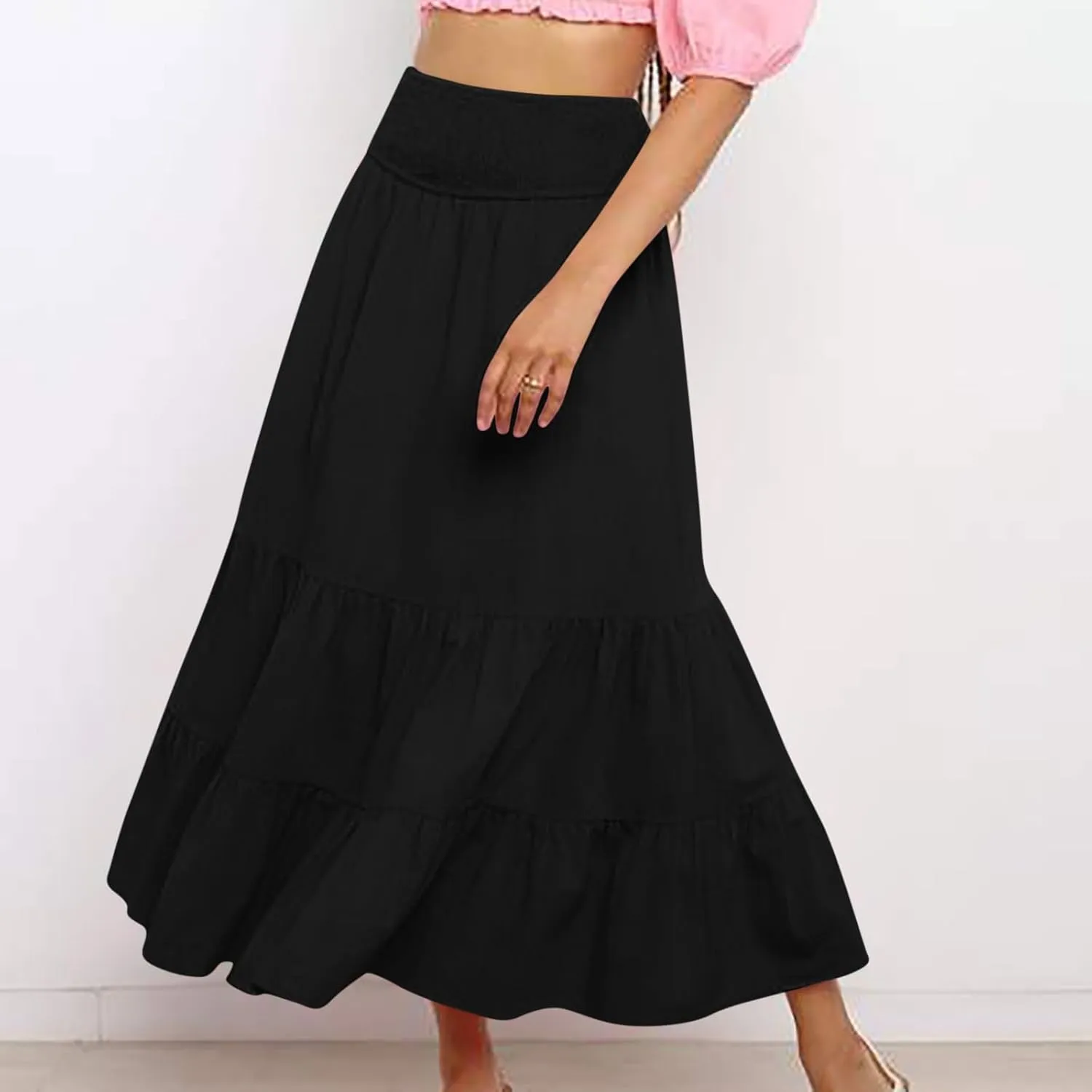 DDAPJ pyju Women's Summer Boho Flowy Tiered A-Line Maxi Skirt 2025 Fashion Smocked Elastic Waist Pleated Long Beach Dress