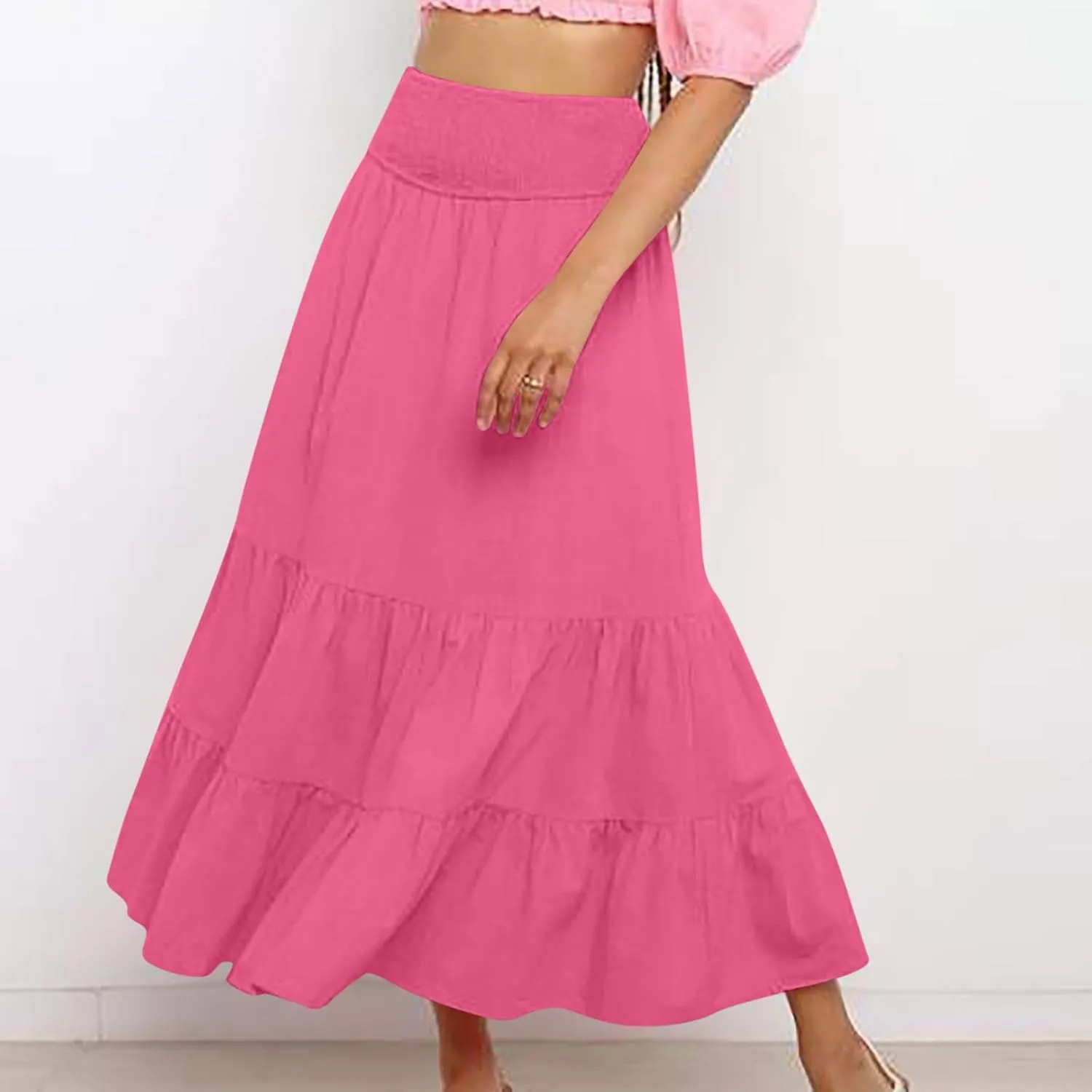 DDAPJ pyju Women's Summer Boho Flowy Tiered A-Line Maxi Skirt 2025 Fashion Smocked Elastic Waist Pleated Long Beach Dress