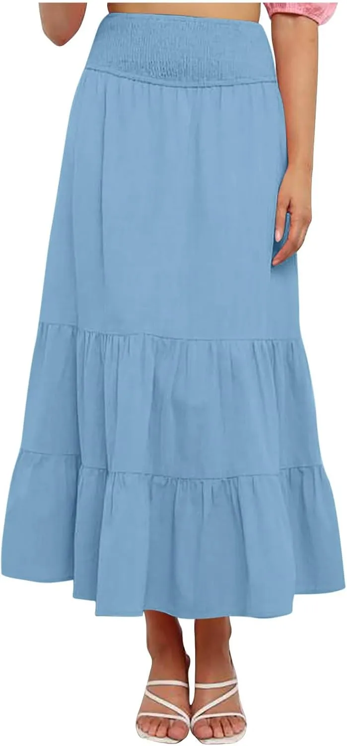 DDAPJ pyju Women's Summer Boho Flowy Tiered A-Line Maxi Skirt 2025 Fashion Smocked Elastic Waist Pleated Long Beach Dress