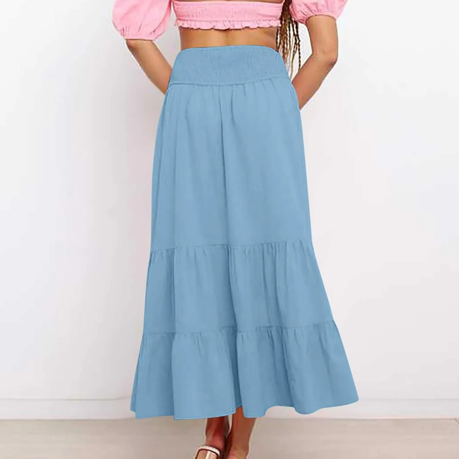 DDAPJ pyju Women's Summer Boho Flowy Tiered A-Line Maxi Skirt 2025 Fashion Smocked Elastic Waist Pleated Long Beach Dress
