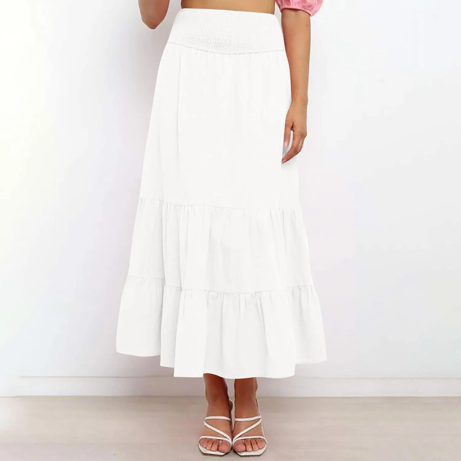 DDAPJ pyju Women's Summer Boho Flowy Tiered A-Line Maxi Skirt 2025 Fashion Smocked Elastic Waist Pleated Long Beach Dress