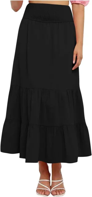 DDAPJ pyju Women's Summer Boho Flowy Tiered A-Line Maxi Skirt 2025 Fashion Smocked Elastic Waist Pleated Long Beach Dress