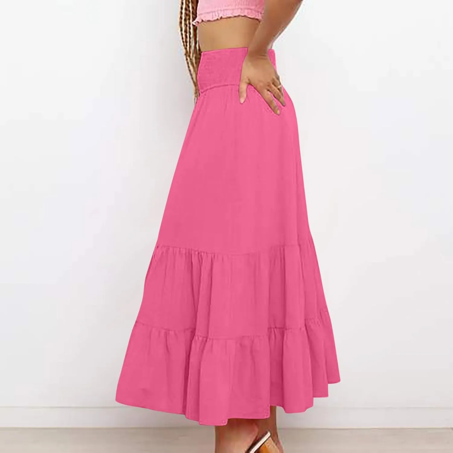DDAPJ pyju Women's Summer Boho Flowy Tiered A-Line Maxi Skirt 2025 Fashion Smocked Elastic Waist Pleated Long Beach Dress