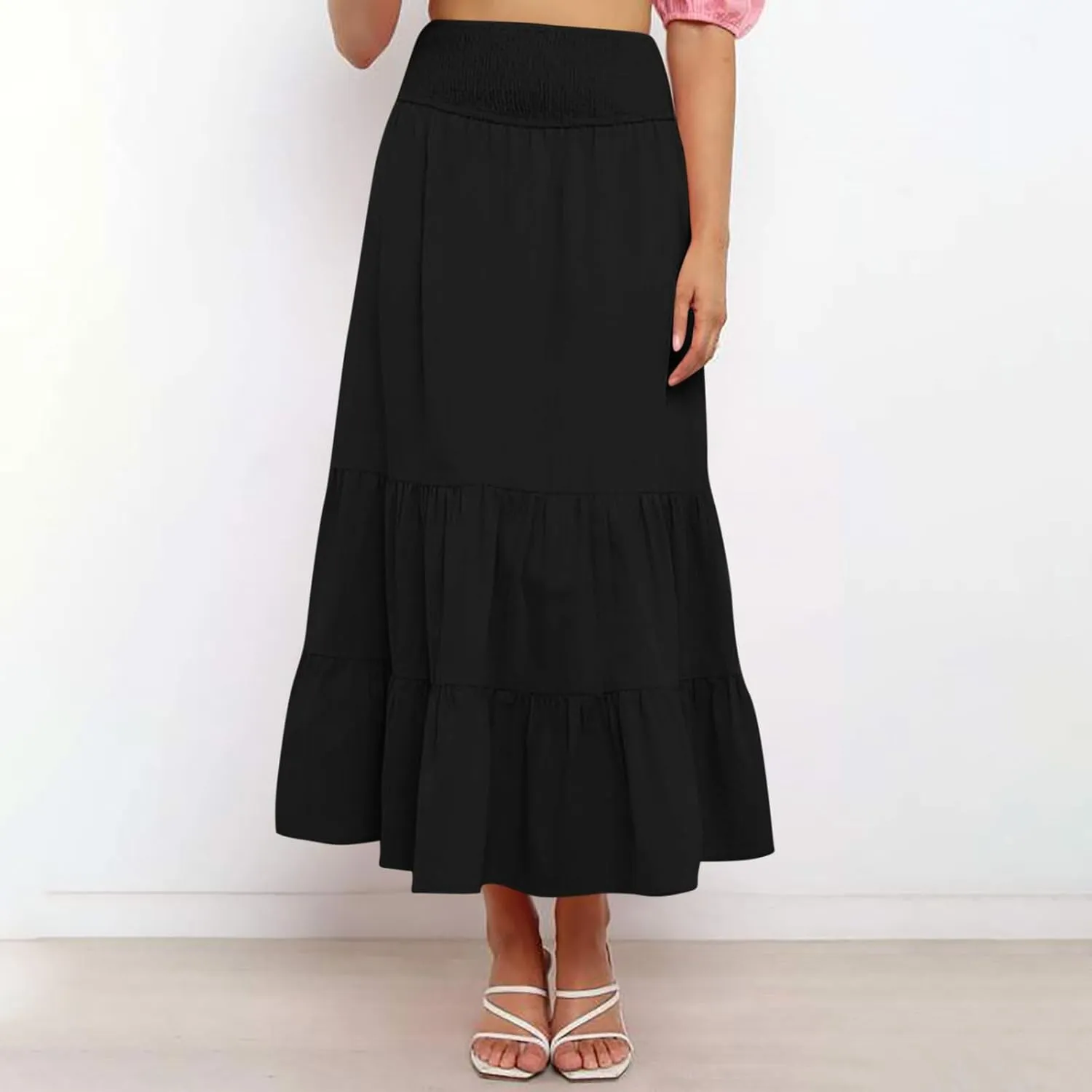 DDAPJ pyju Women's Summer Boho Flowy Tiered A-Line Maxi Skirt 2025 Fashion Smocked Elastic Waist Pleated Long Beach Dress