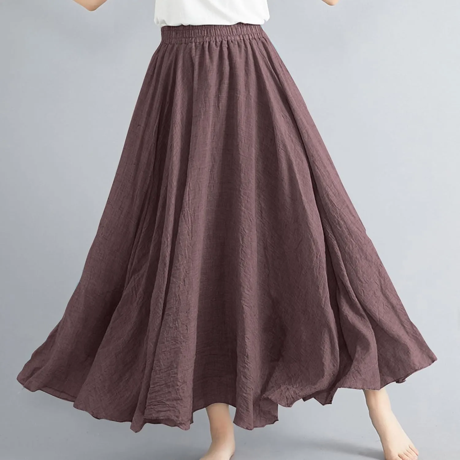 DDAPJ pyju Women's Summer Linen Skirts Trendy Casual A-Line Flowy Long Skirts Solid Color Elastic Waist Beach Vacation Skirts