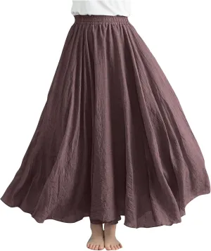 DDAPJ pyju Women's Summer Linen Skirts Trendy Casual A-Line Flowy Long Skirts Solid Color Elastic Waist Beach Vacation Skirts