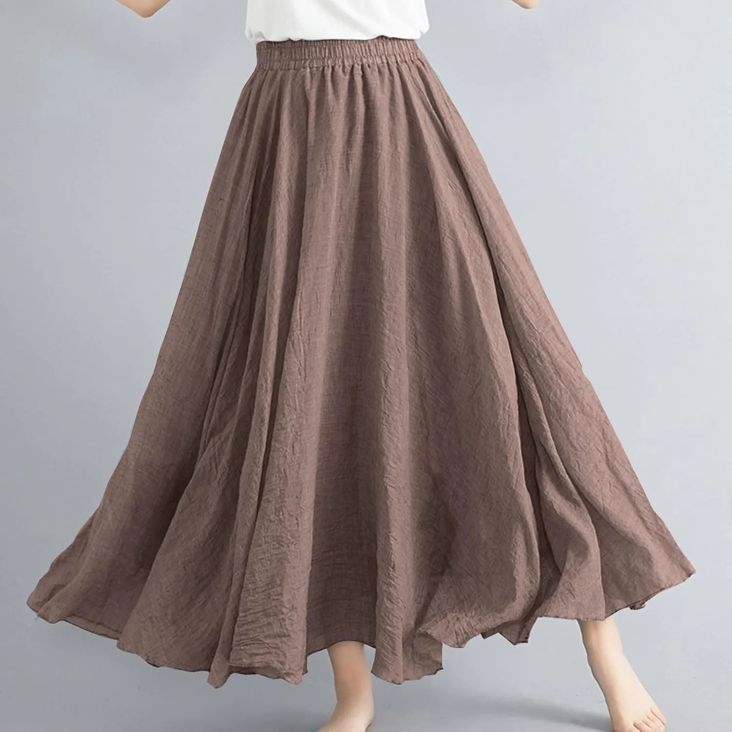 DDAPJ pyju Women's Summer Linen Skirts Trendy Casual A-Line Flowy Long Skirts Solid Color Elastic Waist Beach Vacation Skirts