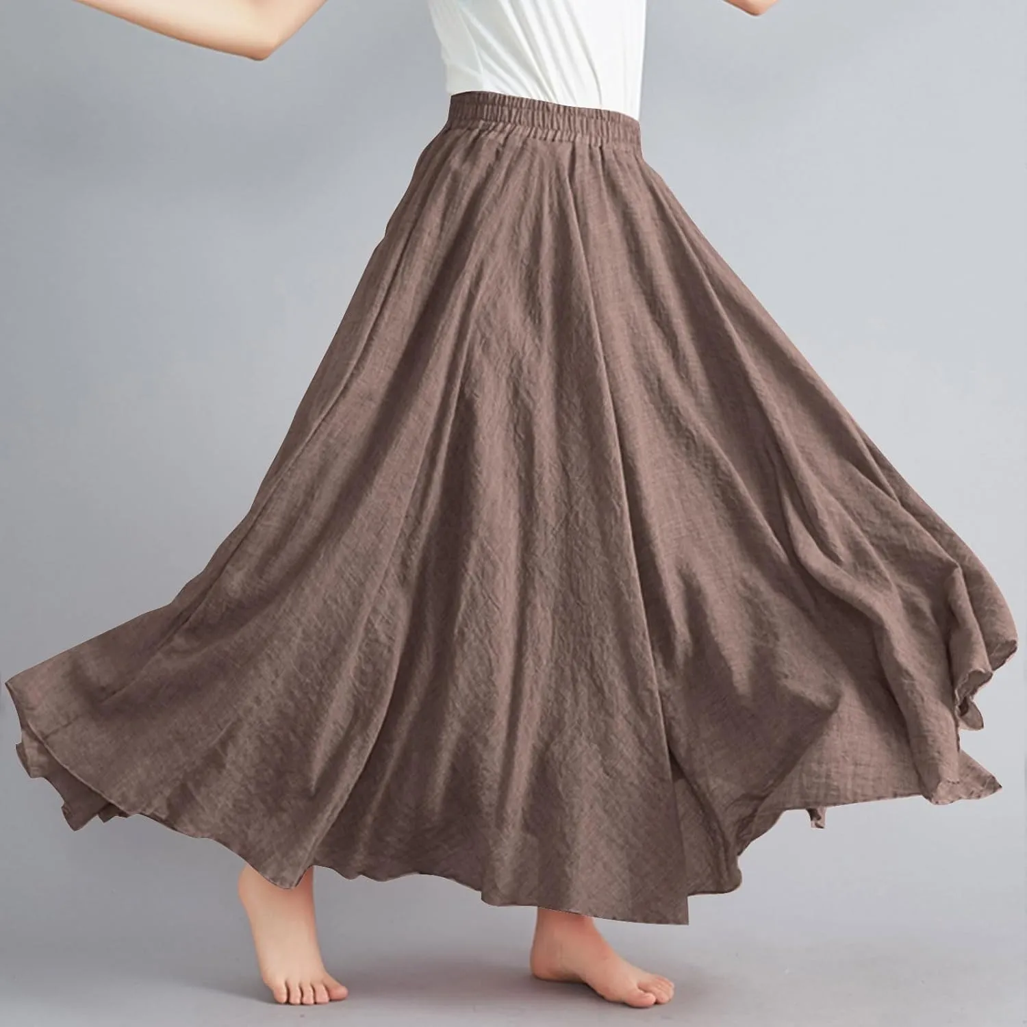 DDAPJ pyju Women's Summer Linen Skirts Trendy Casual A-Line Flowy Long Skirts Solid Color Elastic Waist Beach Vacation Skirts