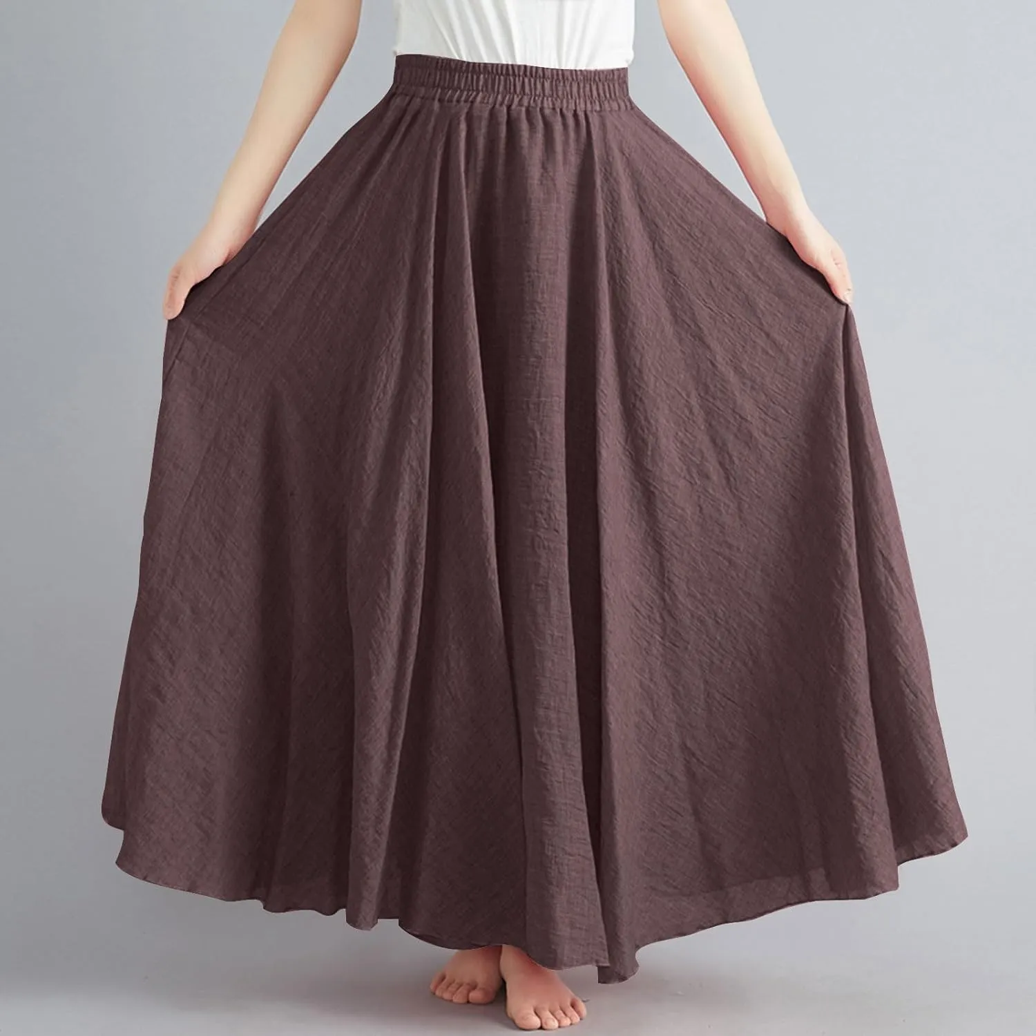 DDAPJ pyju Women's Summer Linen Skirts Trendy Casual A-Line Flowy Long Skirts Solid Color Elastic Waist Beach Vacation Skirts