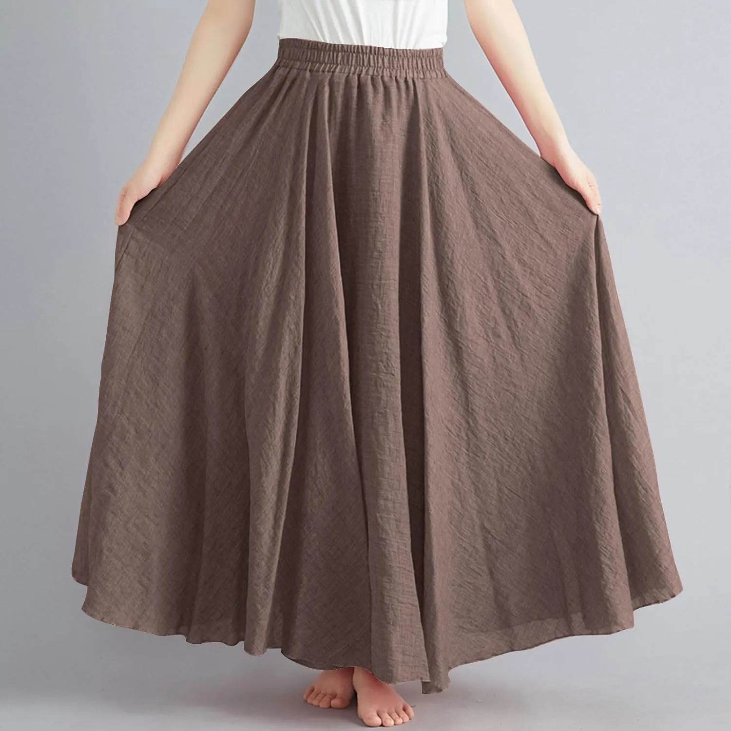 DDAPJ pyju Women's Summer Linen Skirts Trendy Casual A-Line Flowy Long Skirts Solid Color Elastic Waist Beach Vacation Skirts