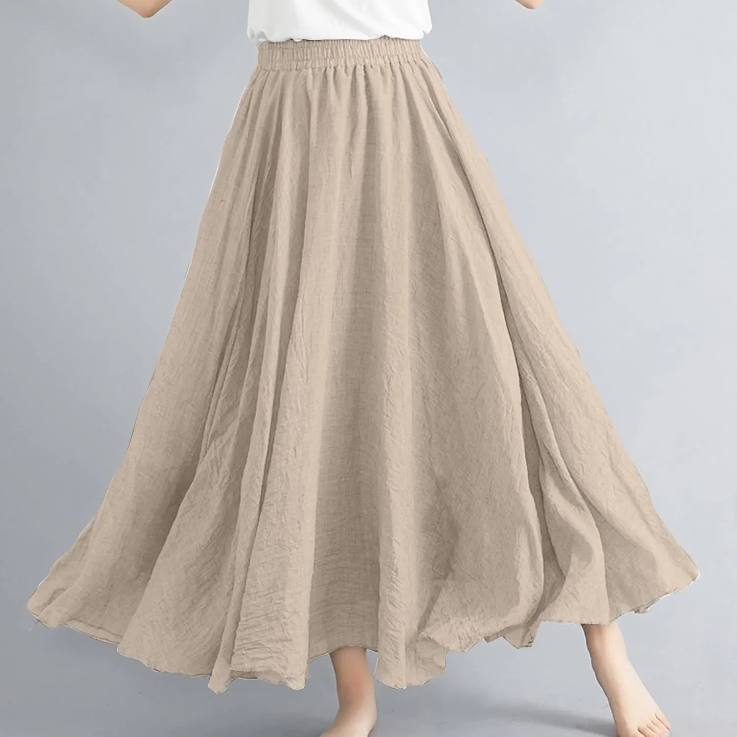 DDAPJ pyju Women's Summer Linen Skirts Trendy Casual A-Line Flowy Long Skirts Solid Color Elastic Waist Beach Vacation Skirts
