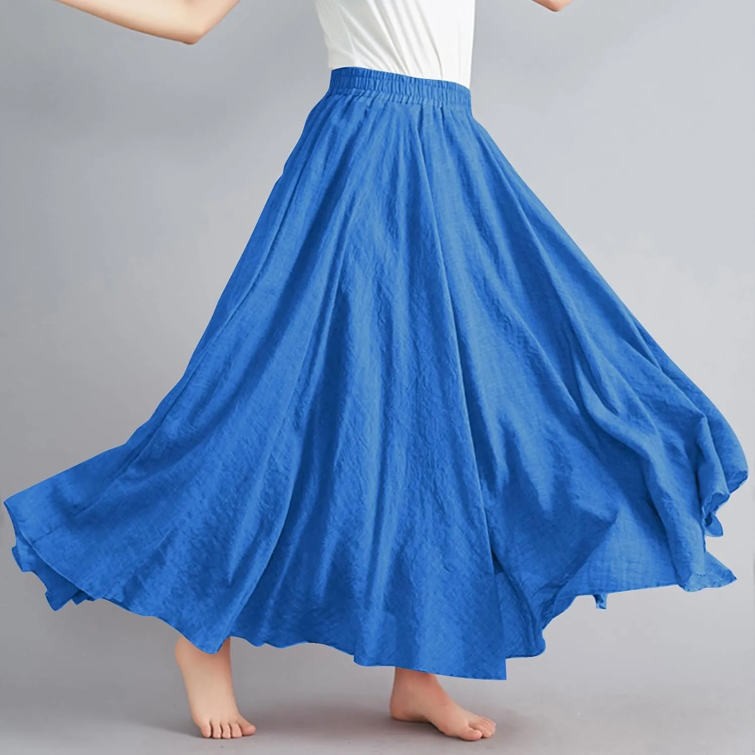 DDAPJ pyju Women's Summer Linen Skirts Trendy Casual A-Line Flowy Long Skirts Solid Color Elastic Waist Beach Vacation Skirts