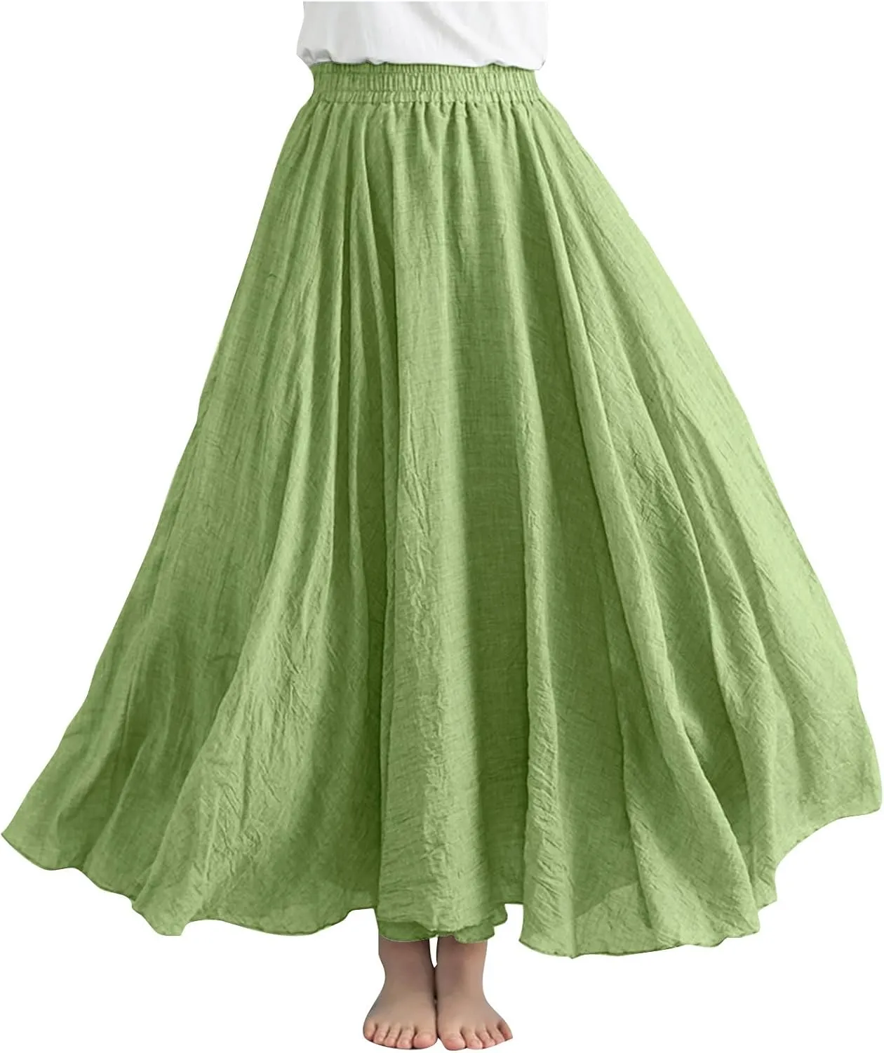 DDAPJ pyju Women's Summer Linen Skirts Trendy Casual A-Line Flowy Long Skirts Solid Color Elastic Waist Beach Vacation Skirts