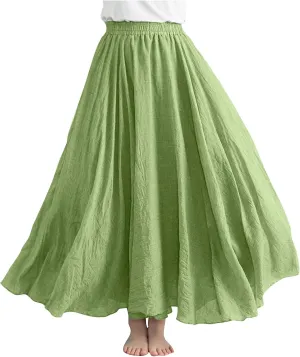 DDAPJ pyju Women's Summer Linen Skirts Trendy Casual A-Line Flowy Long Skirts Solid Color Elastic Waist Beach Vacation Skirts