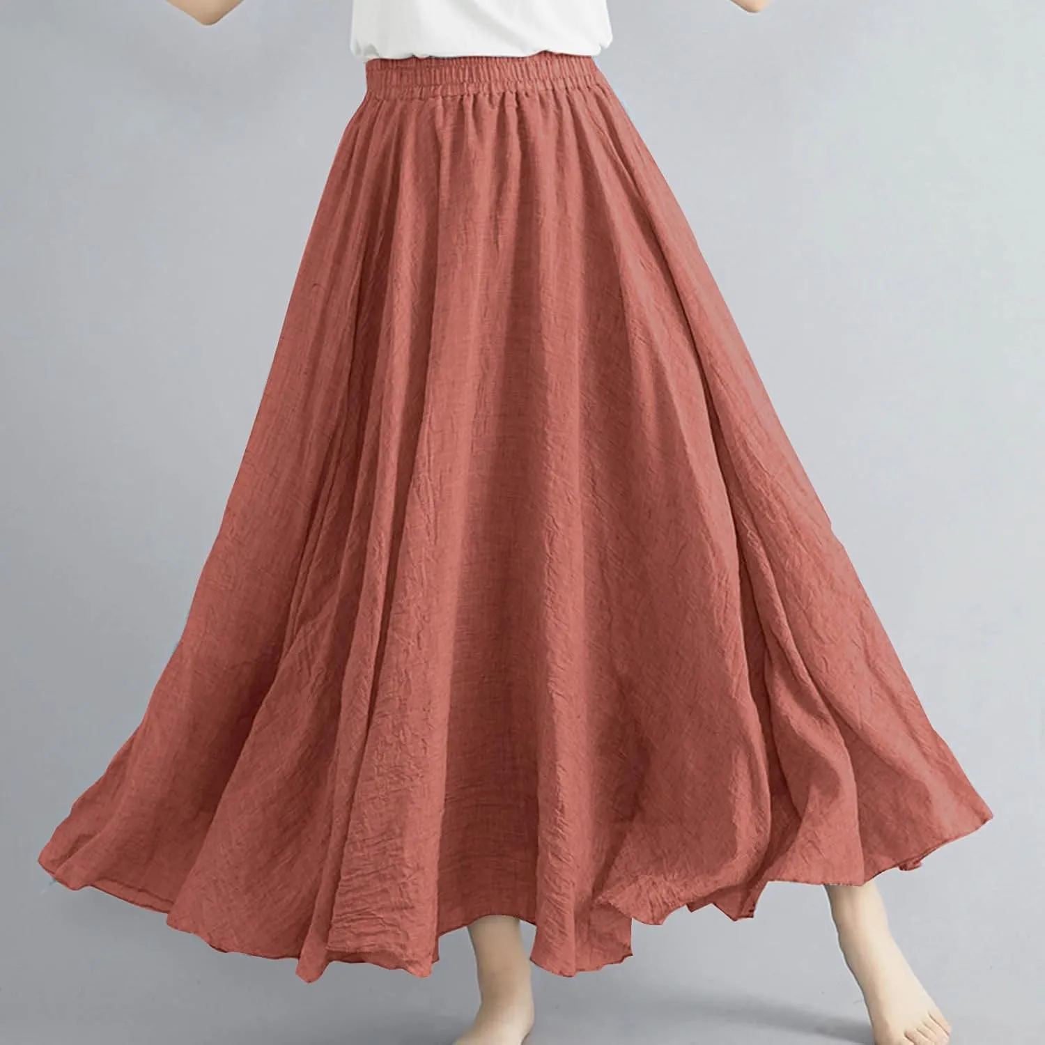 DDAPJ pyju Women's Summer Linen Skirts Trendy Casual A-Line Flowy Long Skirts Solid Color Elastic Waist Beach Vacation Skirts