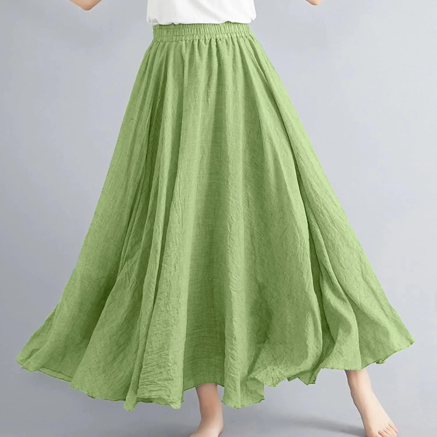 DDAPJ pyju Women's Summer Linen Skirts Trendy Casual A-Line Flowy Long Skirts Solid Color Elastic Waist Beach Vacation Skirts
