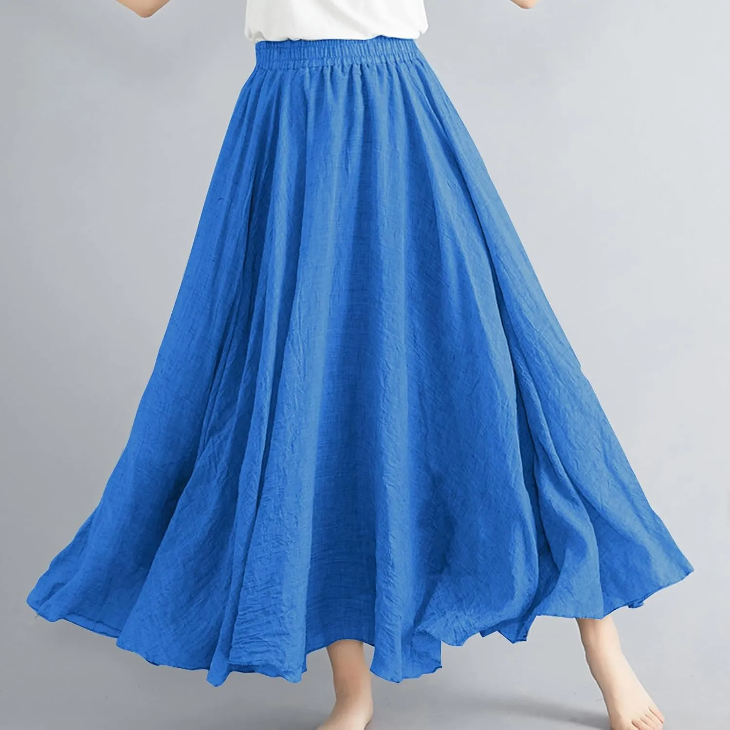 DDAPJ pyju Women's Summer Linen Skirts Trendy Casual A-Line Flowy Long Skirts Solid Color Elastic Waist Beach Vacation Skirts